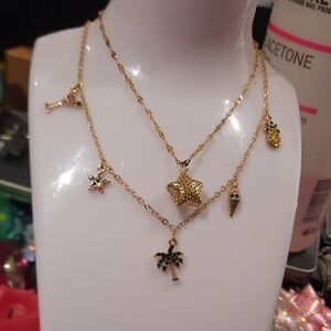 VACATION LOT Gold Charm Necklace 16+2.5" Tropical Charms Puffed Star Anklet 10"